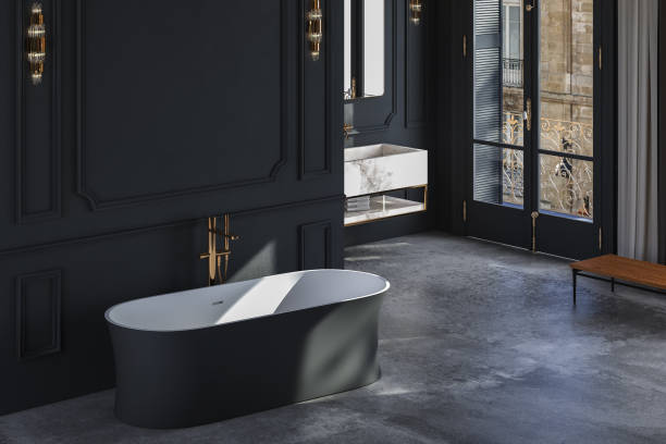 istock Classical style bathroom There are concrete floor and dark wall with classic frame moulding. 1402538660