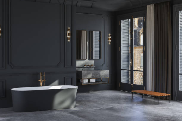 istock Classical style bathroom There are concrete floor and dark wall with classic frame moulding. 1402538661