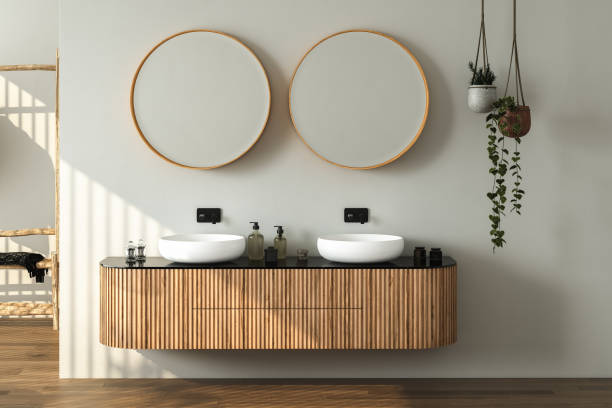 istock Modern bathroom interior with dark brown parquet floor, two sinks, double mirrors 1402539234