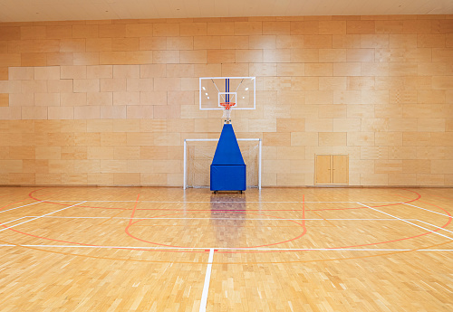 Handball goal and movable basketball basket in the gym.