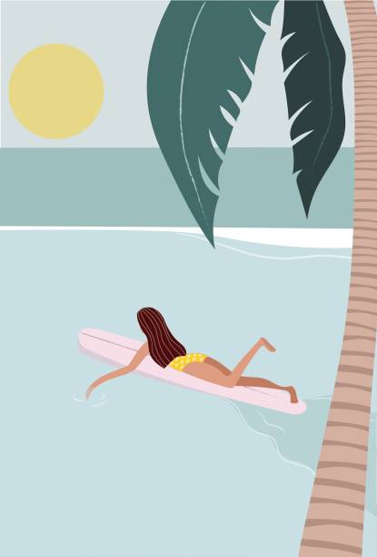 illustrazioni stock, clip art, cartoni animati e icone di tendenza di ragazza surfista pozzanghera su tavola da surf longboard, colore pastello - beach surfing bikini retro revival