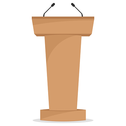 Wooden podium tribune stand rostrum with microphones. Flat icon. Vector illustration. Eps 10.
