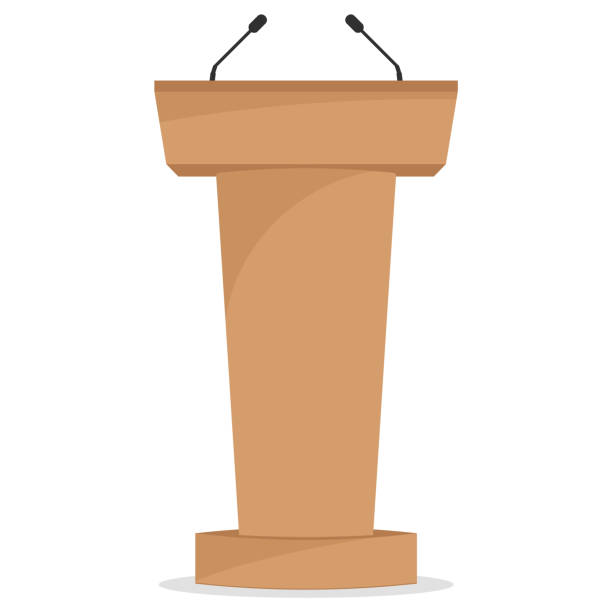 Wooden podium tribune stand rostrum with microphones. Flat icon. Vector illustration. Wooden podium tribune stand rostrum with microphones. Flat icon. Vector illustration. Eps 10. seminar classroom lecture hall university stock illustrations