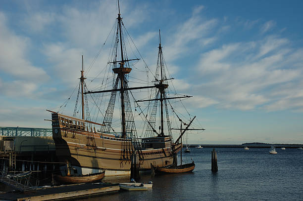 A replica of the Mayflower docked on a beautiful day The Mayflower  2 docked in Plymouth Harbor hawthorn stock pictures, royalty-free photos & images