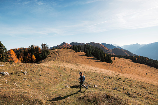 Scenic autumn landscape in the mountains and woman hiker walking up the hill with hiking poles. Autumn hike on a beautiful sunny day.
