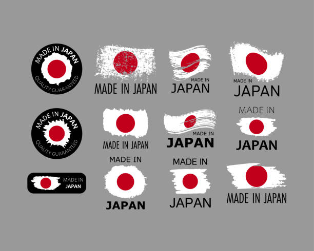 ilustraciones, imágenes clip art, dibujos animados e iconos de stock de juego de pegatinas. hecho en japón. pinceladas con forma de bandera japonesa. concepto de fábrica, fabricación y país de producción. elemento de diseño para etiqueta y embalaje. ilustración vectorial colorida. - made in japan