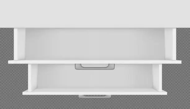 Vector illustration of Top view of two white empty open drawers of cabinet, cupboard or nightstand