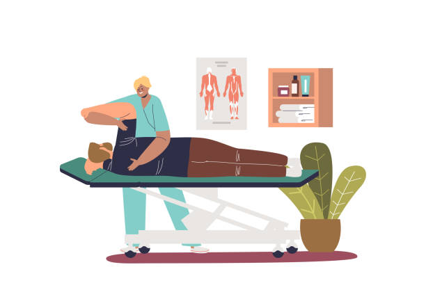illustrations, cliparts, dessins animés et icônes de patient au massage de réadaptation chez les chiropraticiens. ostéopathe masseur traitant le dos et le bras - massagist