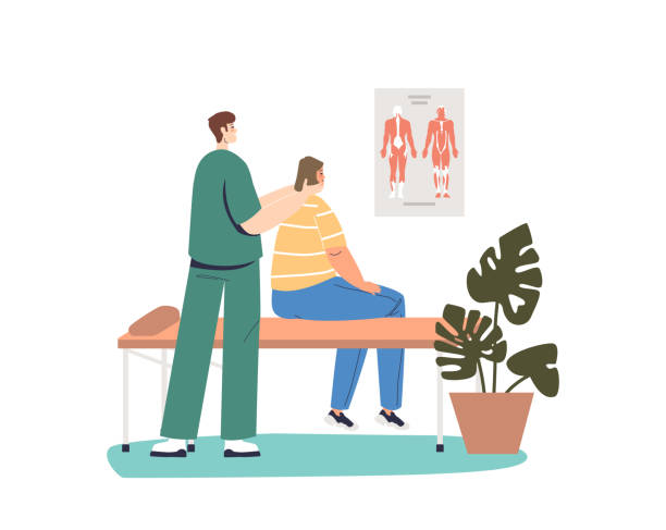 ilustrações, clipart, desenhos animados e ícones de quiroprático masculino faz massagem de reabilitação do pescoço para paciente do sexo feminino. médico osteopata praticando - massage therapist illustrations