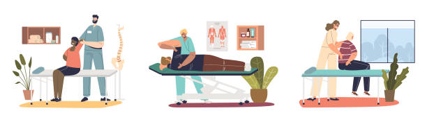 osteopath 수동 치료사 의사 마사지 환자, 등 건강을위한 치료 절차의 집합 - massagist stock illustrations