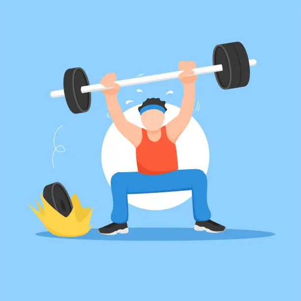 Vector illustration of Barbell plate fell from the row. body builder lost power while lift weight vector flat illustration