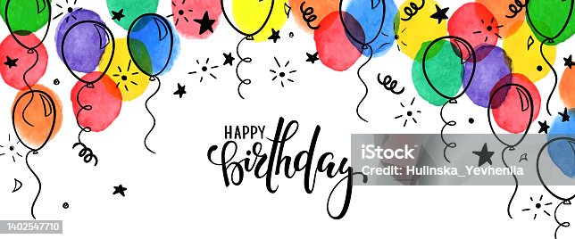 istock birthday banner. frame hand drawn cartoon watercolor balloons symbols of birthday party. design holiday greeting card and invitation of birthday and holidays background 1402547710