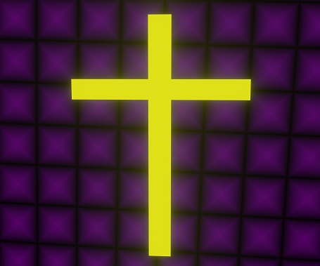 Yellow light crosifix with purple tile background 3d rendering