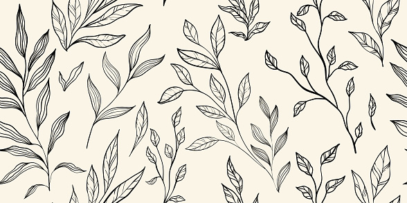 Leaves branch and Hand Drawn doodle Scribble floral plants banner. seamless pattern. Creative minimalist, Abstract art background. Design wall decoration, postcard, poster or brochure