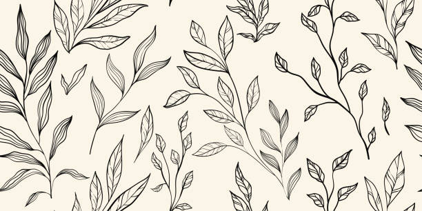 Leaves branch and Hand Drawn doodle Scribble floral plants banner. seamless pattern. Creative minimalist Abstract art background. Design wall decoration, postcard, poster or brochure vector art illustration