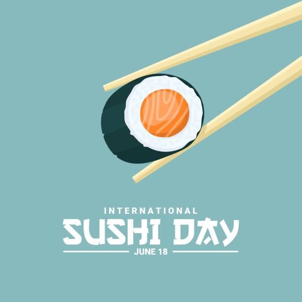 illustrazioni stock, clip art, cartoni animati e icone di tendenza di illustrazione vettoriale, un pezzo di sushi su bacchette, come banner, poster o modello, giornata internazionale del sushi. - sushi