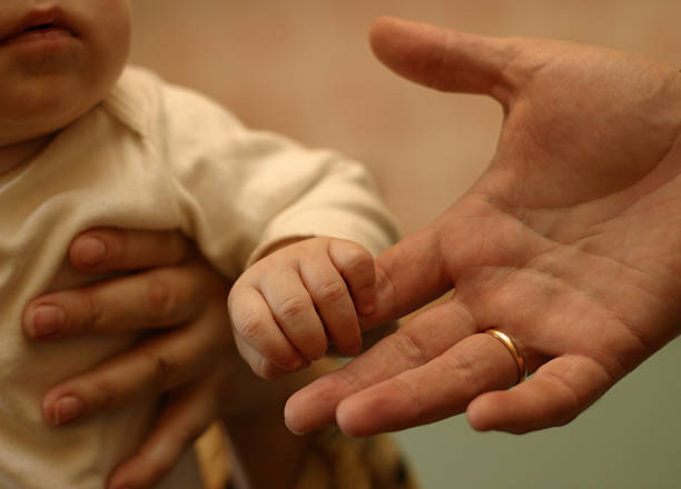father holding baby's hand. On white background