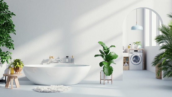 Bathroom interior in white room with bathtub and washing machine on white wall.3d rendering
