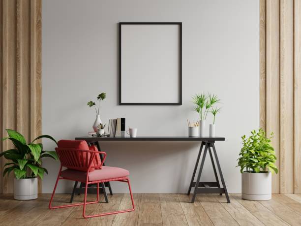 istock Poster mockup with vertical frames on empty white wall in living room interior with red armchair. 1402551708