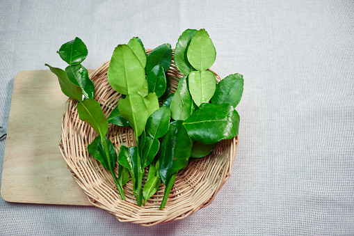 Fresh green kaffir lime leaves in the wicker basket with cutting board on white background