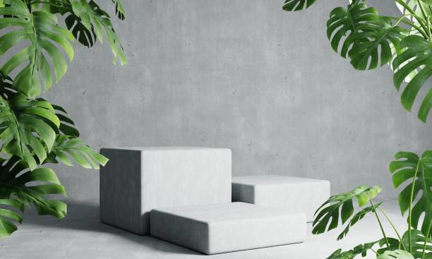 istock Three rectangle podiums in grey loft color background with Monstera plant foreground. Abstract wallpaper template element and architecture interior object concept.3D illustration rendering 1402552856