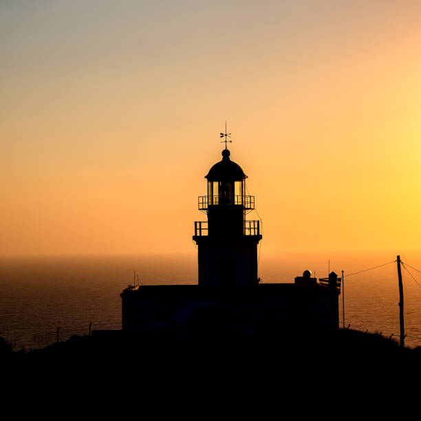 istock Silhouette of the lighthouse, beacon during sunset. 1402553257