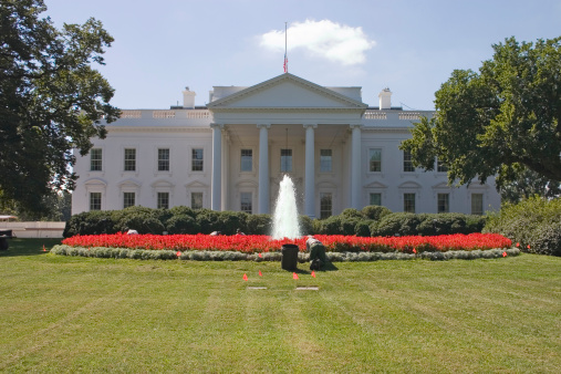 The front facade of the White House, home of the President of the US in Washington, DC.