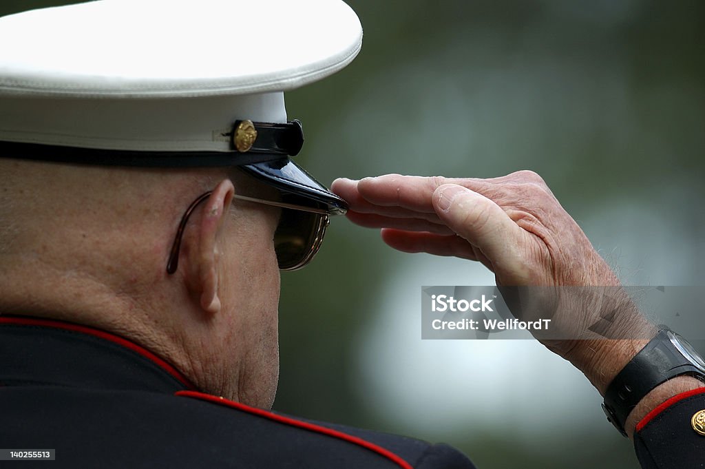 Old Marine Salutes Close up of an elderly retored Marine saluting Veteran Stock Photo