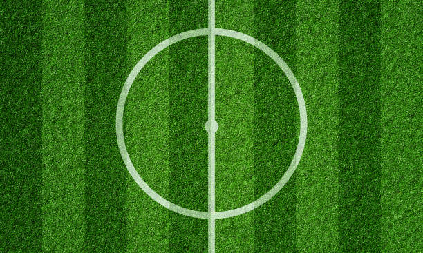 soccer field in football stadium with line grass pattern and centerline circle. sports background and athletic wallpaper concept. 3d illustration rendering - soccer soccer field grass artificial turf imagens e fotografias de stock