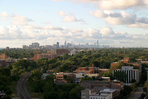 Chicago Downtown on the Horizon View from Evanston distant stock pictures, royalty-free photos & images