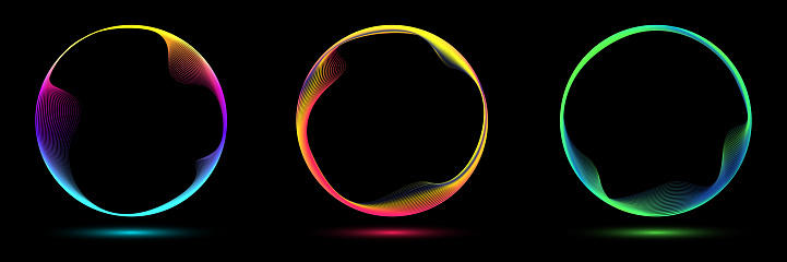 Set of glowing neon color circles round curve shape with wavy dynamic lines isolated on black background technology concept. Circular light frame border. You can use for badges, price tag, label, elements, banner , card, etc. Vector illustration