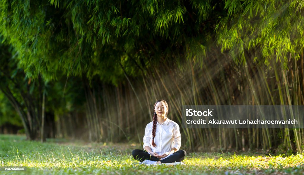 Woman relaxingly practicing meditation in the bamboo forest to attain happiness from inner peace wisdom for healthy wellness mind and wellbeing soul  concept Woman relaxingly practicing meditation in the bamboo forest to attain happiness from inner peace wisdom for healthy wellness mind and wellbeing soul Bamboo Grove Stock Photo