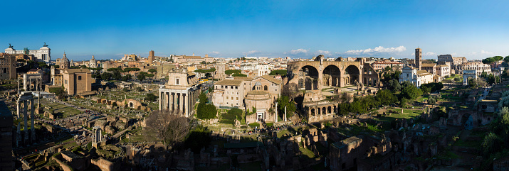 Wide panoramic view of the Roman Forum in Rome, Italy