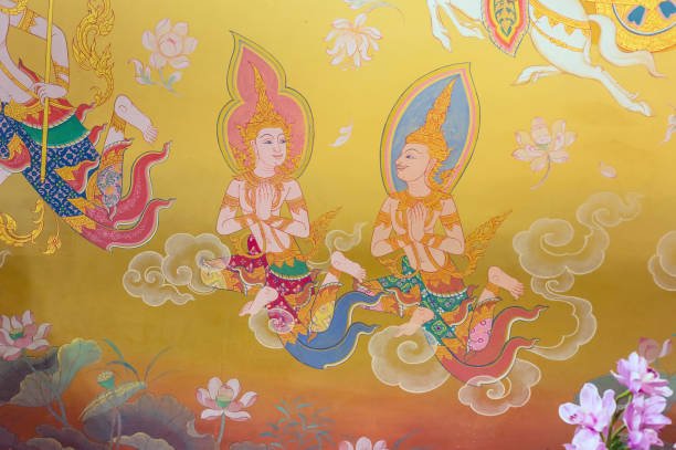 Mural painting of angels, Buddhism wallpaper,  traditional art, for background design, Bangkok Thailand