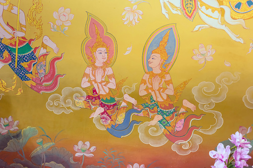Mural painting of angels, Buddhism wallpaper,  traditional art, for background design, Bangkok Thailand