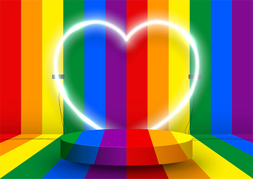 Stage podium decor with heart shape neon lighting. Pedestal scene with for product platform, show on rainbow striped background. Style retro. Celebration stage LGBT Pride Month. Vector illustration.