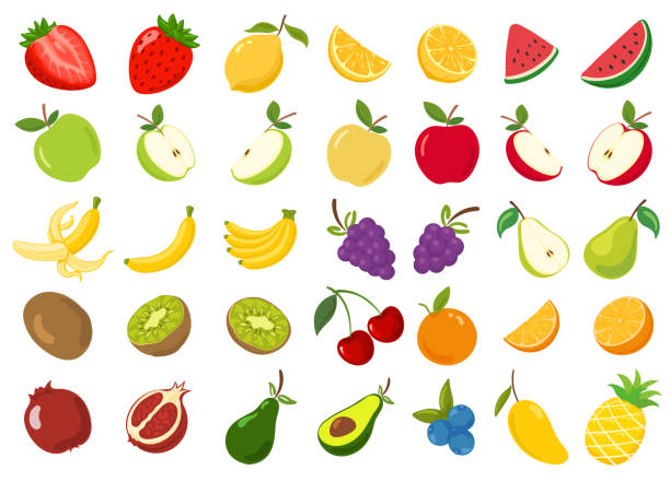ilustraciones, imágenes clip art, dibujos animados e iconos de stock de colección de frutas set ilustración dibujos animados - frutas