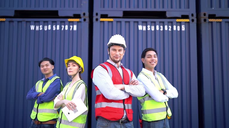 Multi-ethnic Dock Workers With Arms Crossed At Shipping Port