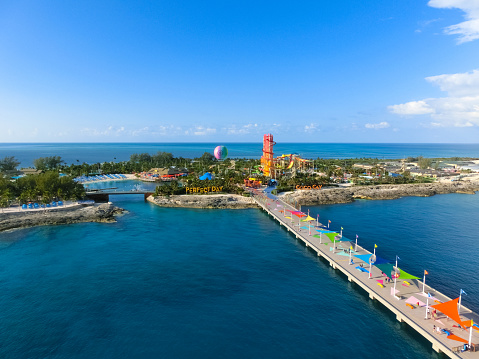 Coco Cay, Bahamas - April 29, 2021: An aerial view of Cococay, the private island post that's owned by the Royal Caribbean cruise line where guests can spend the day having fun.