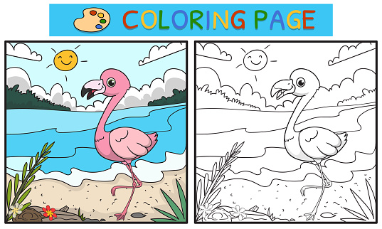 coloring pages or books for children. cute flamingo illustration on the river
