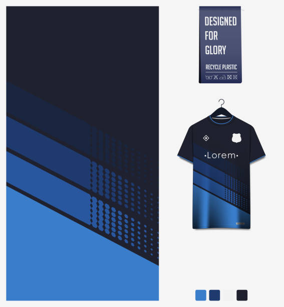 Soccer jersey pattern design. Hexagon pattern on dark blue background for soccer kit, football kit or sports uniform. T-shirt mockup template. Fabric pattern. Abstract background. Soccer jersey pattern design. hexagon pattern on dark blue background for soccer kit, football kit, bicycle, e-sport, basketball, t-shirt mockup template. Geometric fabric pattern. Abstract background. Vector Illustration. abstract shirts stock illustrations