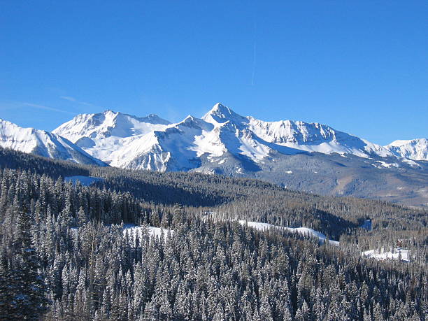Snowcapped Rocky Mountains with bright blue sky