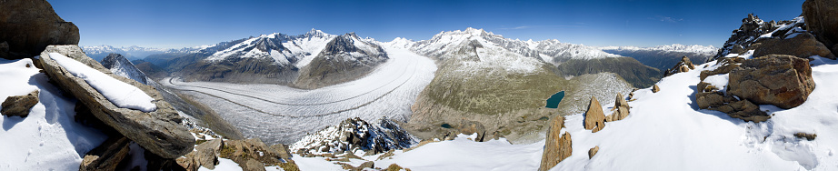 Panorama view of Bernese Alps including Jungfrau, Eiger, Monch from Faulhorn, on Bernese Oberland, Switzerland.