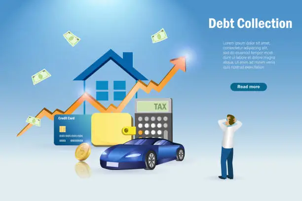 Vector illustration of Debt collection, debt stress. Frustrated businessman manage financial bills expenses with fixed income. Money spending, cost of living, financial problem and crisis.