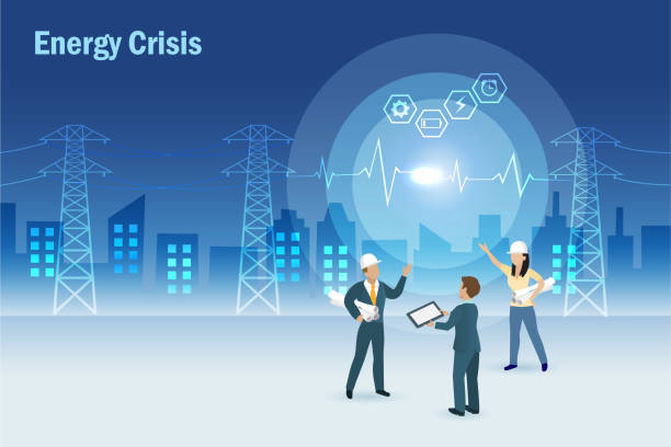 istock Electric engineer team discuss on energy crisis with electricity station and city background. World environment day, earth day and energy crisis concept. 1402573869