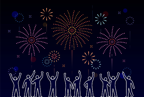 people back view silhouette looking at colorful fireworks.  simple firework icons