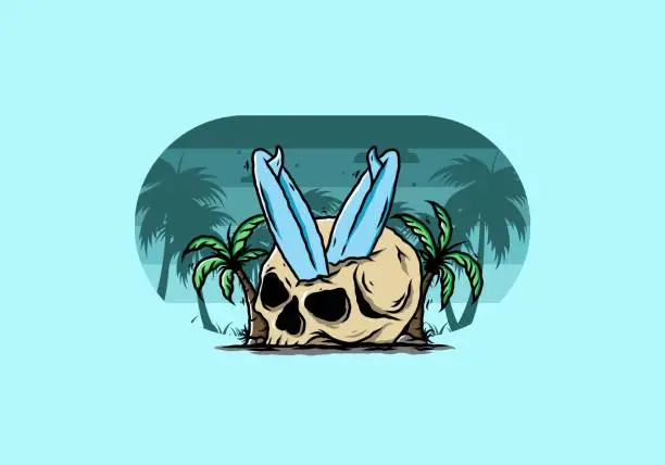 Vector illustration of Surfing board stuck in human skull illustration