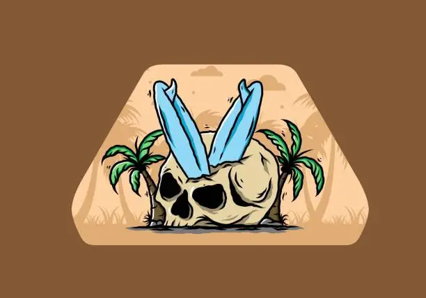 Vector illustration of Surfing board stuck in human skull illustration