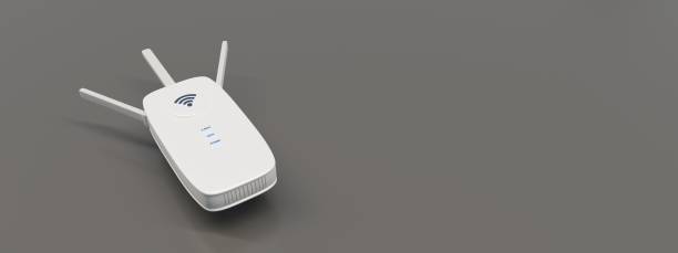 istock WiFi extender, wireless repeater isolated on grey color. Internet booster close up, banner. 3d render 1402583803