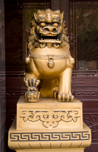 Chua Hương, Hanoi, Vietnam - November 24, 2019: The golden Lion at the Perfume Pagoda and Temple in Vietnam